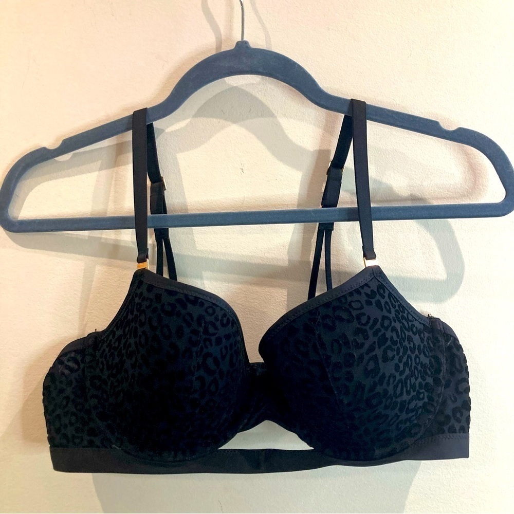 AERIE Sz 36C Real Power Black Velvet Leopard Balconet Front Cut Out Bra